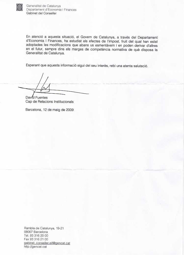 14/05/2009 - Rebuda carta del Departament d'Economia i Finances com a continuació de la Carta al Rei CGC120509-2P