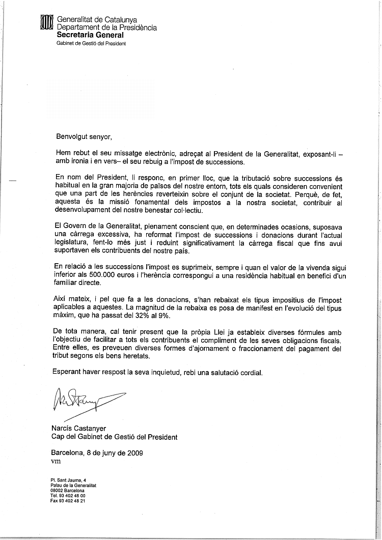 Resposta del Cap del Gabinet del President Montilla a la tramesa del "Poema per a un Impost" RespostaP